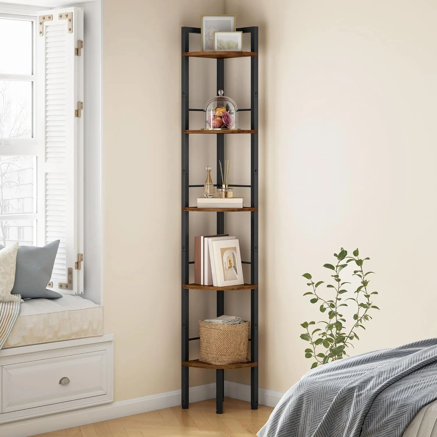 

5-Tier Corner Ladder Shelf, 60.5" Tall Metal Frame Storage Unit for Living Room, Bedroom, Office - Rustic Brown
