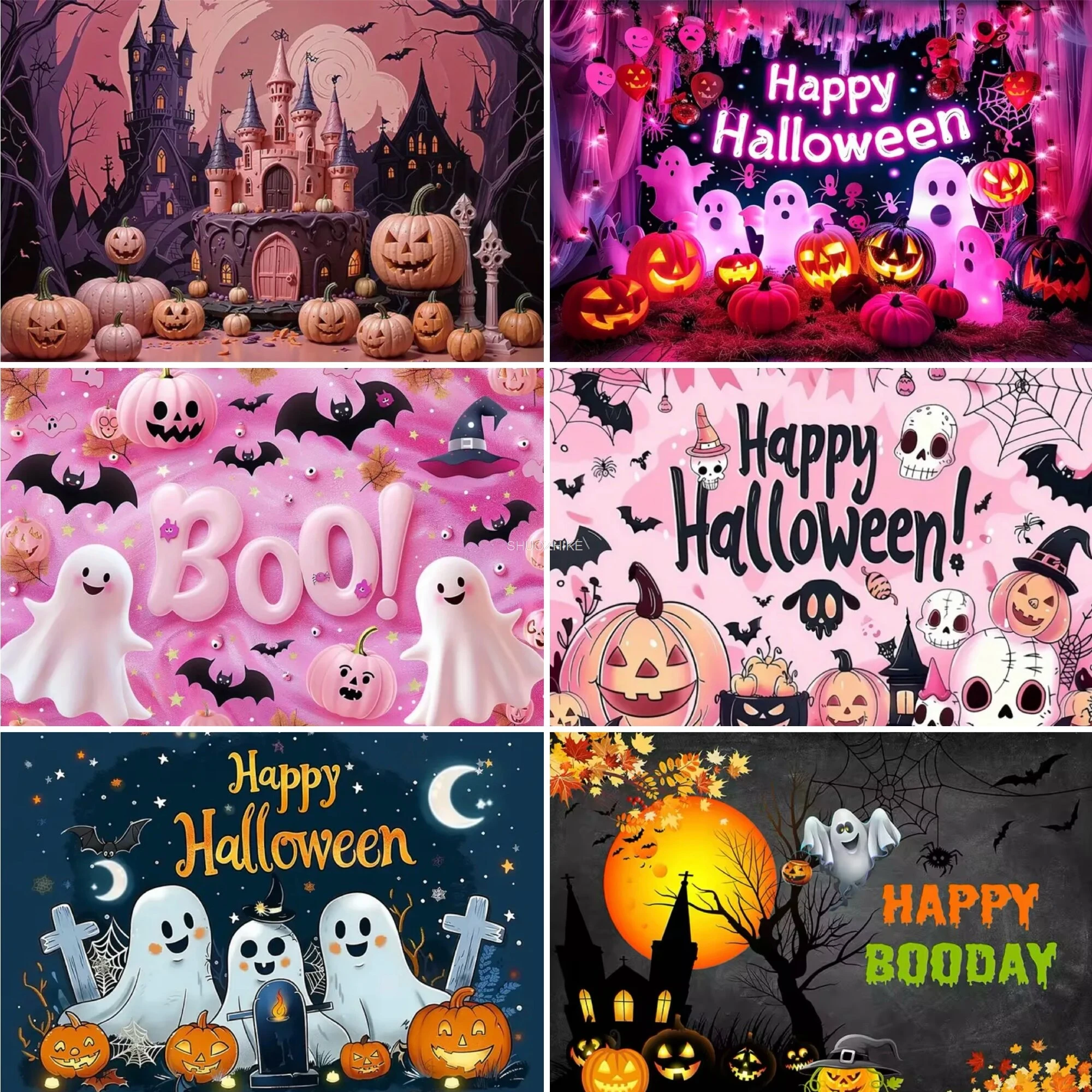 

Halloween Pink Soft Halloween Night Decoration Background Banner Family Party Room Decor Poster Happy Birthday Background B02