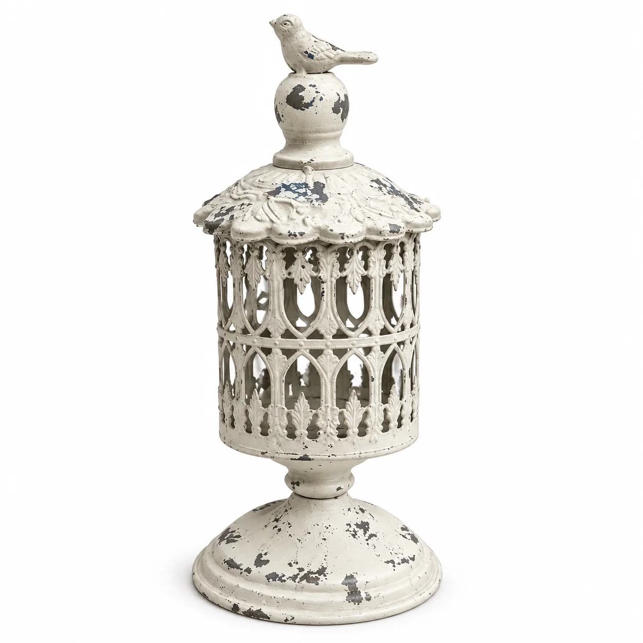 Decorative Metal Candle Holder with Bird Finial, Distressed White Finish, Openwork Design Lantern, 30cm Height, Vintage Style