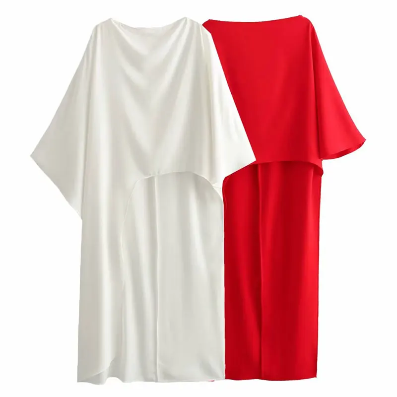 Sukienka damska na wiosnę 2024, okrągły dekolt, asymetryczna, czerwona, satynowa, w stylu peleryny, luźna, codzienna, w stylu resort.