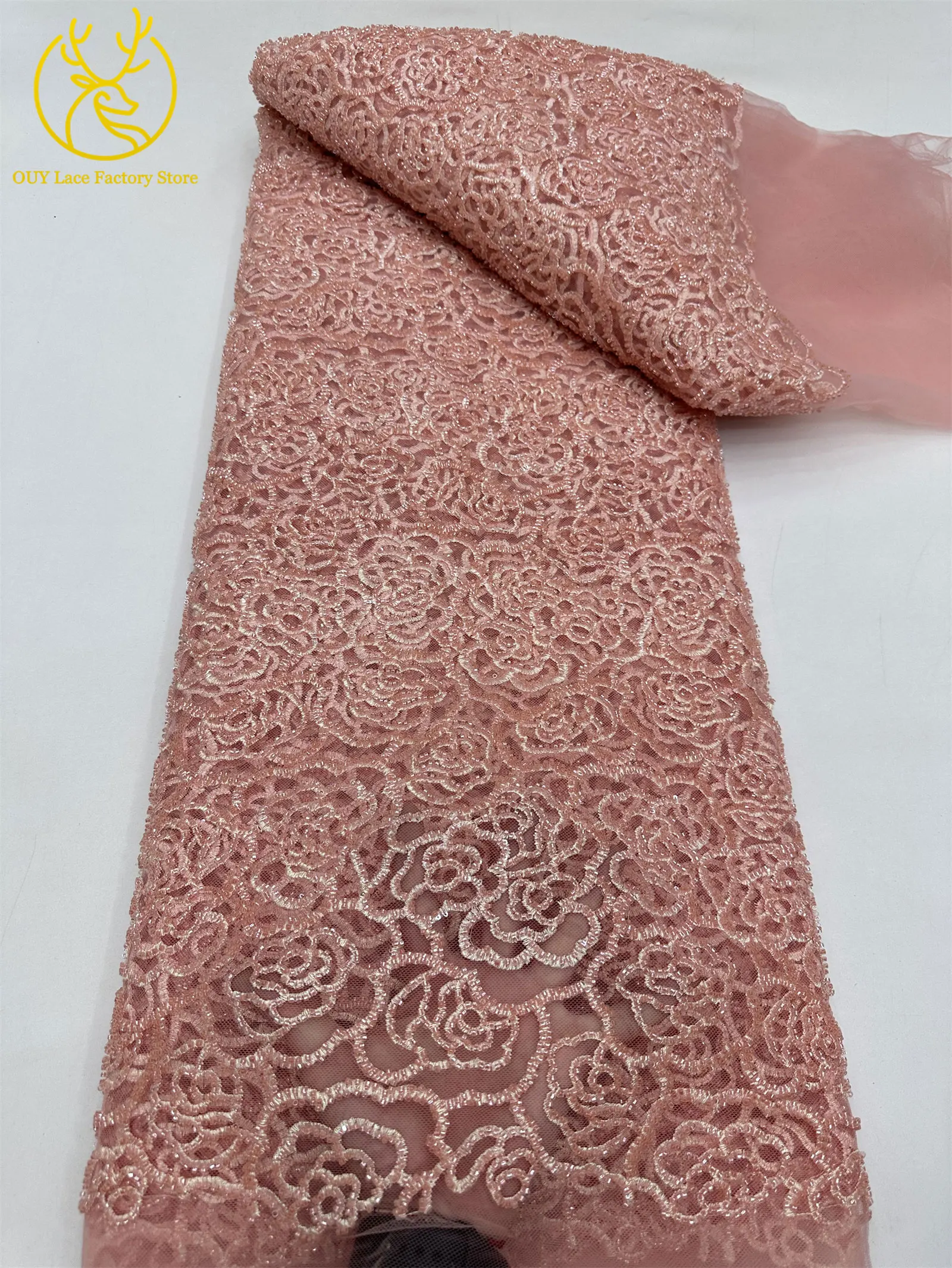 Stickerei-Blumen Perlen-Pailletten Spitzenstoff Französischer Tüll Netz-Stickerei Nigerianischer Spitzenstoff Brautkleid-Stoff – Detail 7