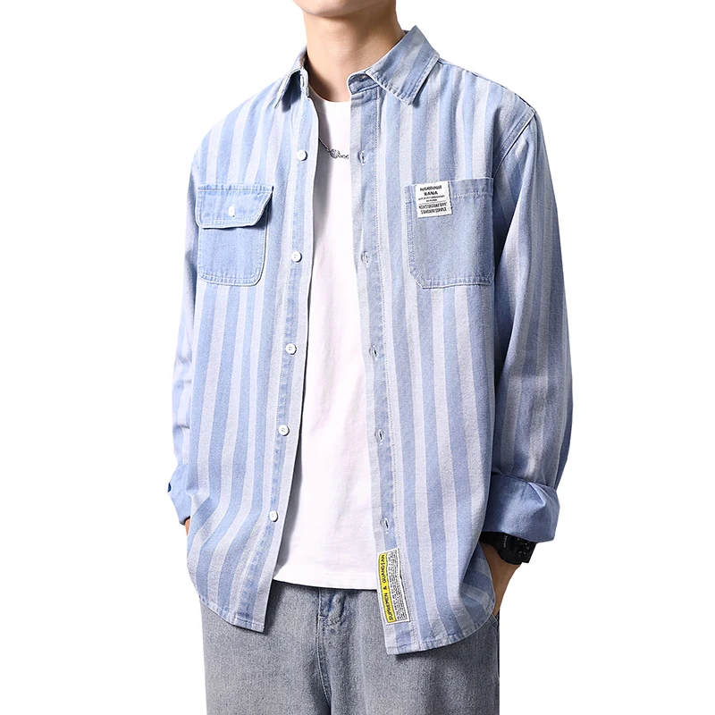 2024 autumn new denim long sleeved shirt men's loose striped shirts for men  streetwear  men clothing  designer clothes men