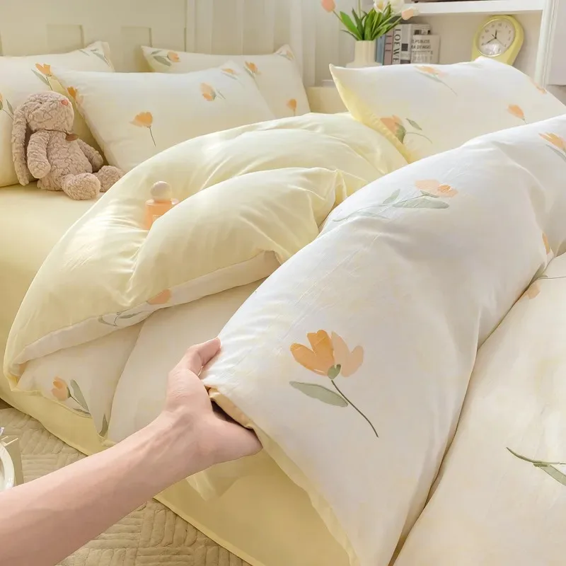

New Washed Cotton Fresh Style Fitted Sheet Four-Piece Set, Duvet Cover, Student Dormitory Bed Sheet Three-Piece Set