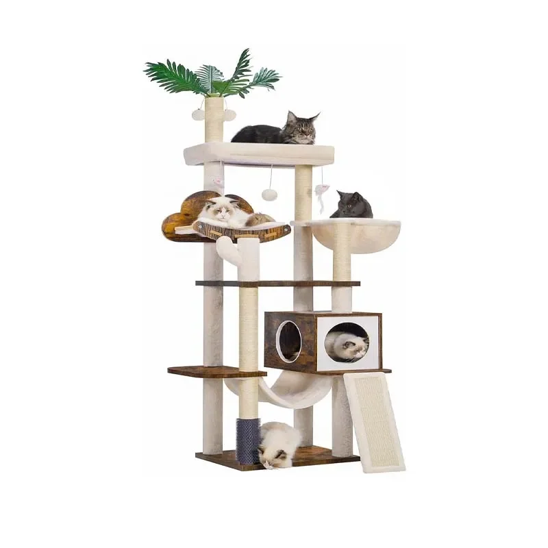 Modern Rustic Brown Cat Tree for Large Cats Indoor Cat Condo Scratching Tower Hammock Basket Dangling Ball Self Groomer-HCT120SR