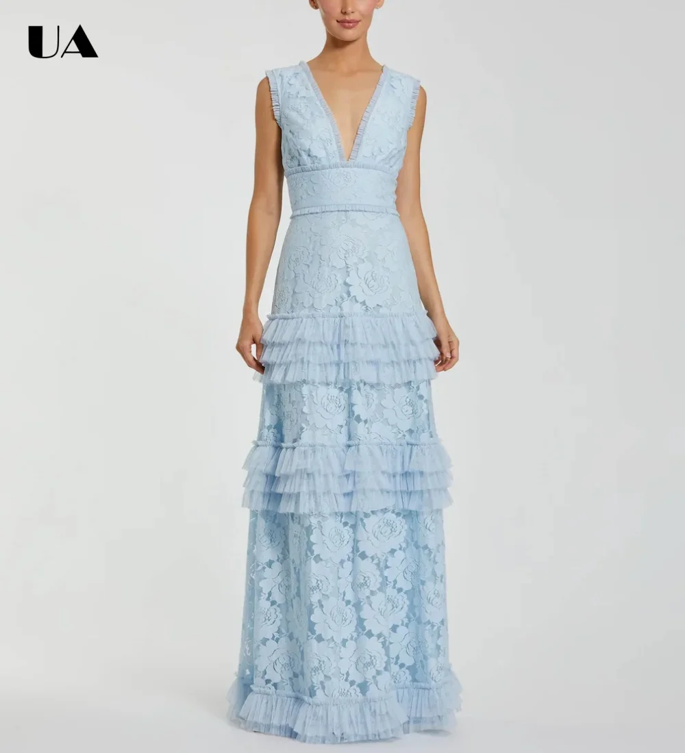 

ULBYANRY Customized Lace Tiered Ruffled Prom Dresses for Women, Elegant Deep V-neck Evening Dress, Solid Sleeveless Party Dress