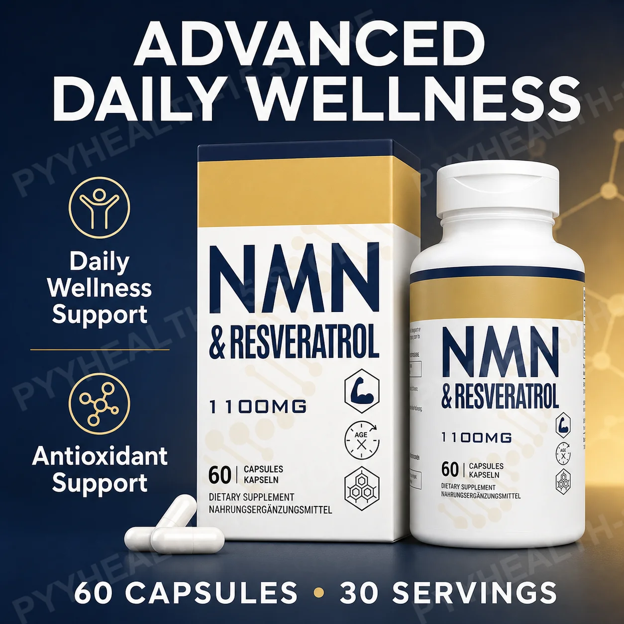 NMN 500 mg with Trans-Resveratrol 600 mg and Black Pepper Extract, Daily Vitality and Wellness Support Formula, 60 Capsules