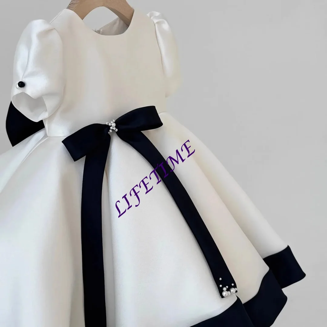 

CustomizedFrench Style Baby Girl Satin 1st Birthday Dress Zhuazhou Wedding Flower Girl Princess Gown Black White Classic Party O