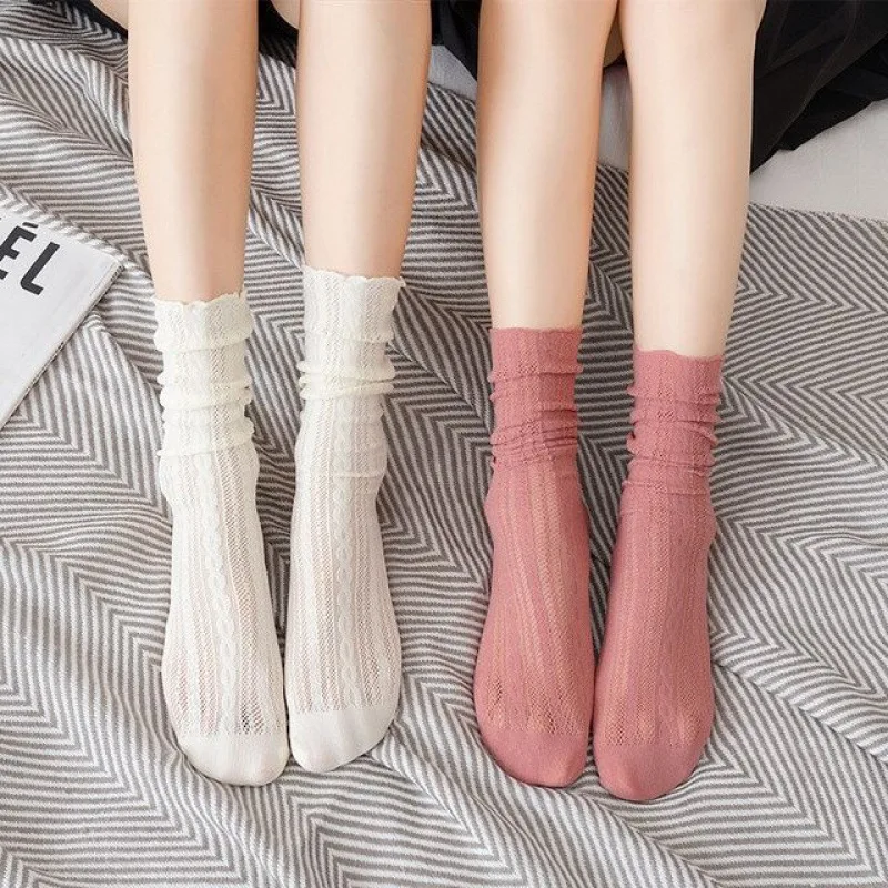 Korean Fashion Solid Color Women Socks Hollow Out Thin Mesh Breathable Crew Socks Harajuku Vintage Streetwear Loose Long Socks