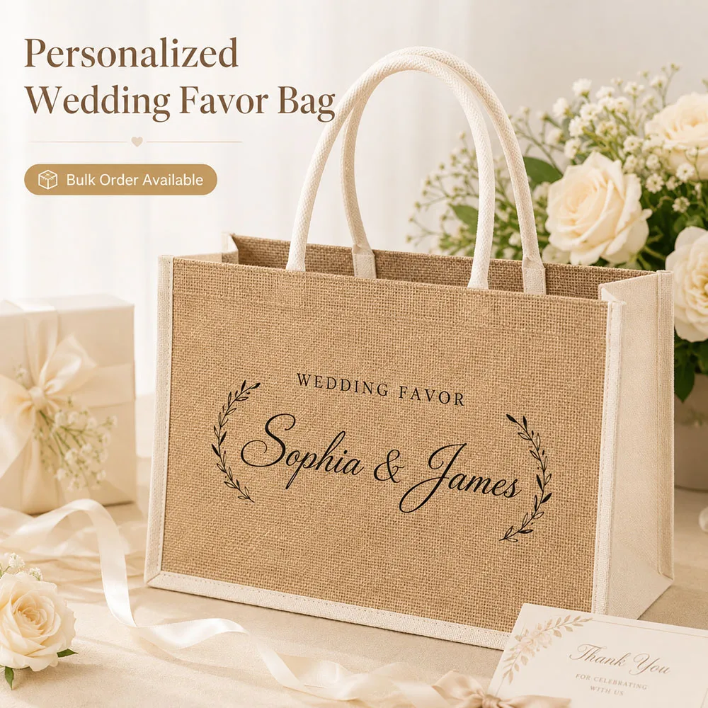 Custom Wedding Gift Bag Personalized Names Jute Tote Bag Bulk Order Favor Bags Guest Thank You Handbag Rustic Party Supplies