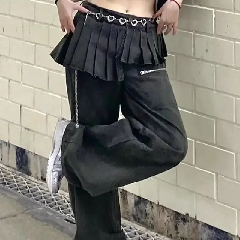 Oversized vintage vintage vintage irregular pleated skirt edges, two pairs of jeans, women's loose casual hanging pants