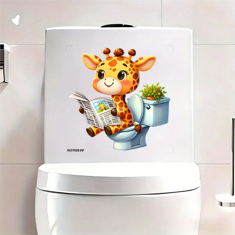 1Pc Fun Animal-Themed Toilet Wall Sticker, Featuring a Cute and Playful Giraffe Sitting on the Toilet Reading a Newspaper Design, Suitable for Toilet Seats, Bathroom Glass, Washbasins, Refrigerators, Cabinets, Doors, Windows, and Wall Decals. Fun and Attractive Stickers That Create a Lively Bathroom Atmosphere, a Fun and Heartwarming Gift for Family, Friends, and Colleagues