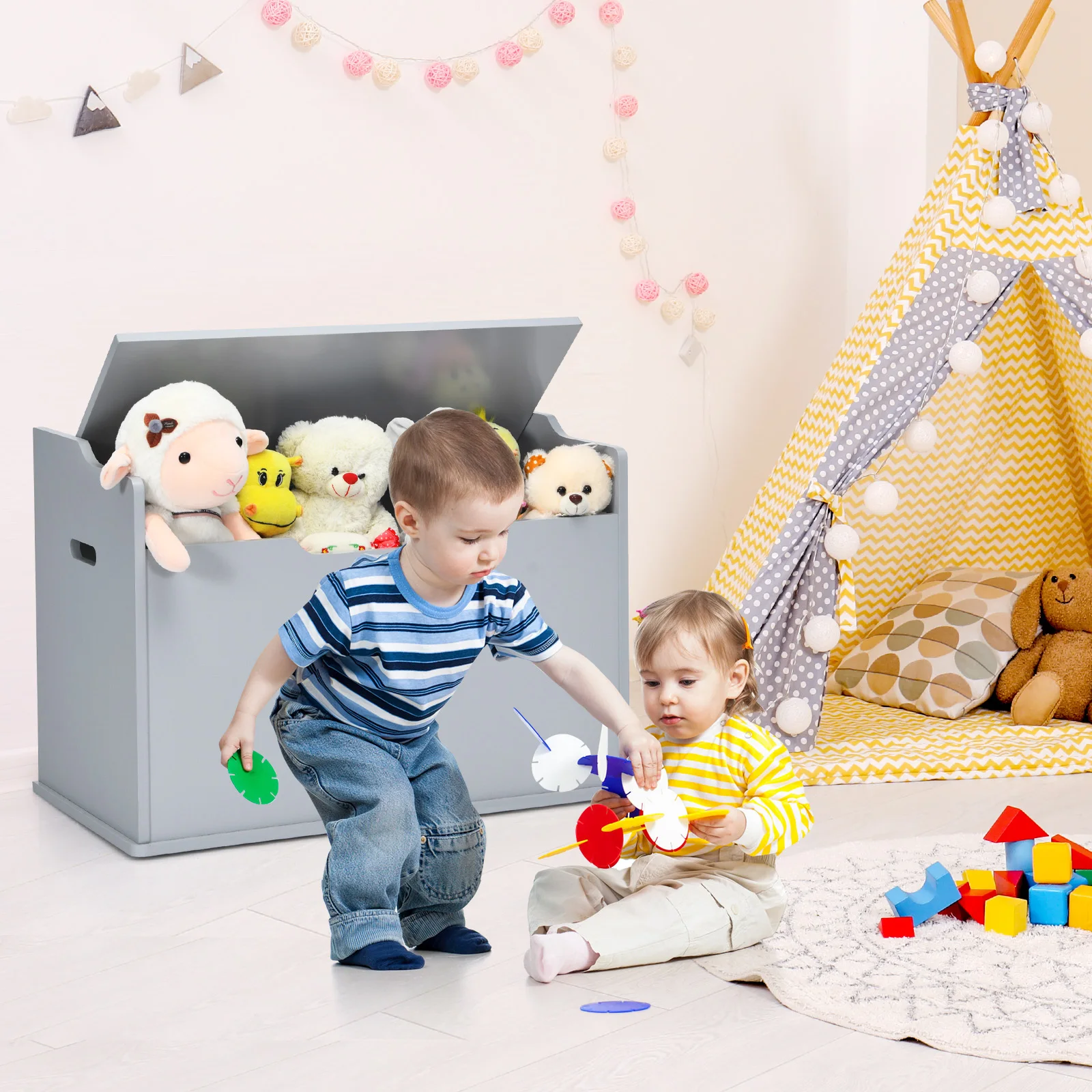 Coffre de rangement rabattable en bois avec charnière de sécurité, boîte à jouets pour enfants, banc avec coussin