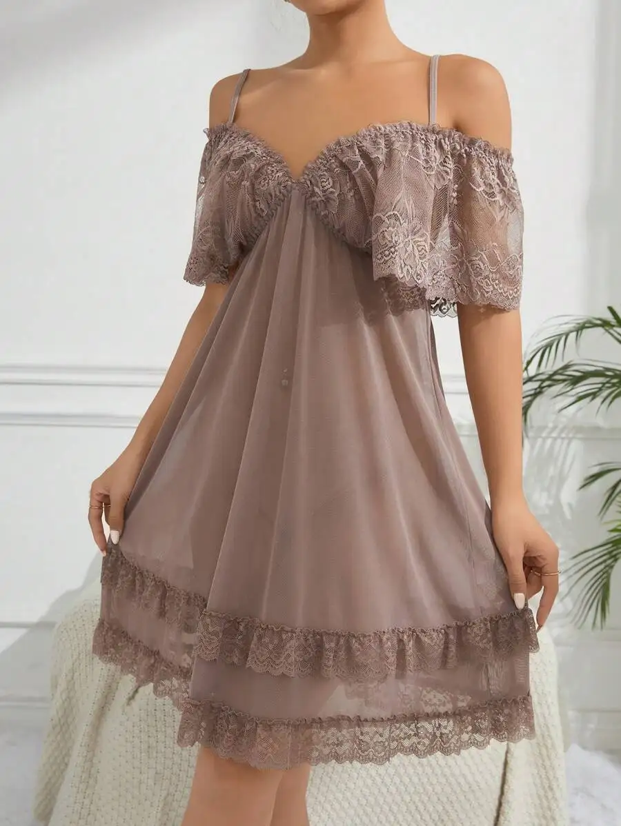 

Women Lace Off Shoulder Sleep Dress With Ruffled Hem
