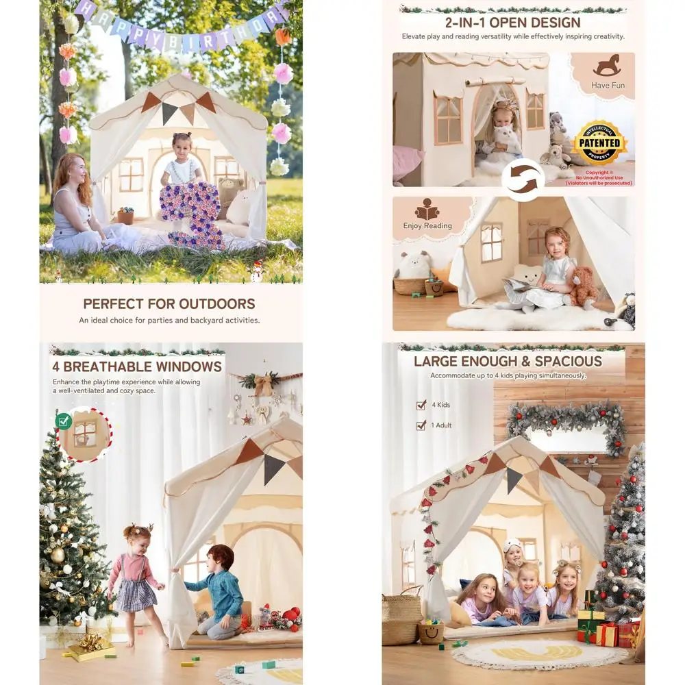 

Детская игровая палатка 2-в-1 с мягким ковриком и подсветкой, большой игровой домик, 2 двери и 4 окна, в помещении и на открытом воздухе, рождественская палатка для малышей, 51