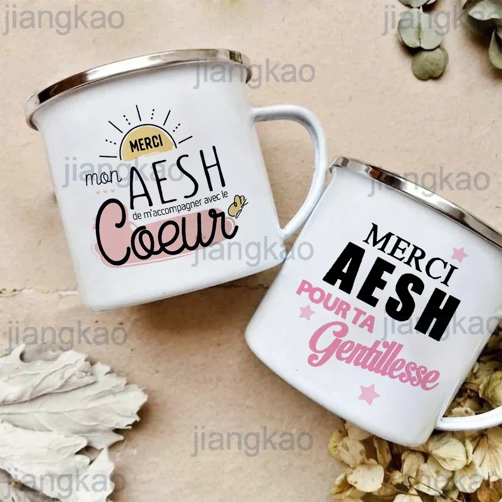 Merci Aesh Print Mugs Creative Coffee Cups Drinks Water Enamel Cup School Handle Drinkware Best Graduation Thanks Gifts for Aesh