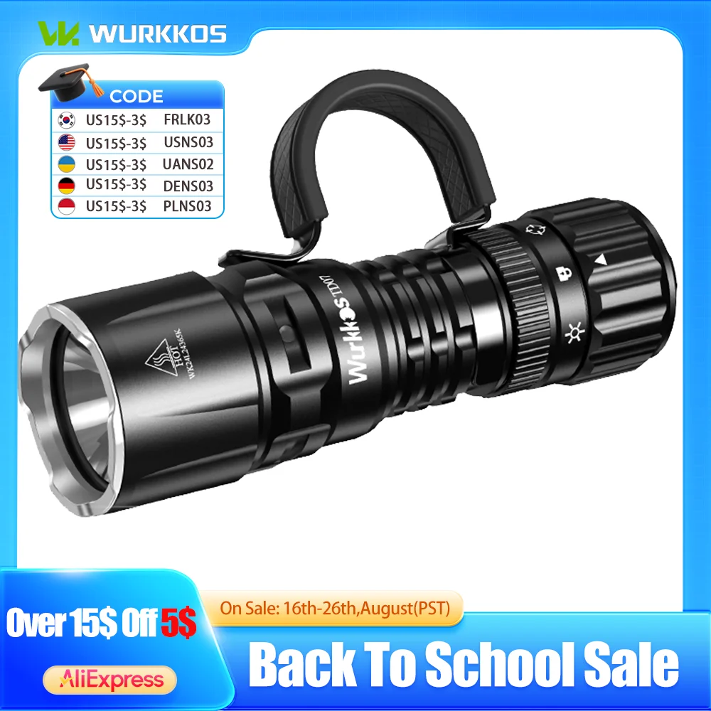 Wurkkos td07 18350 lanterna tática 1300lm 479m lâmpada recarregável de longo alcance ip68 mini tocha com anel de dedo interruptores duplos