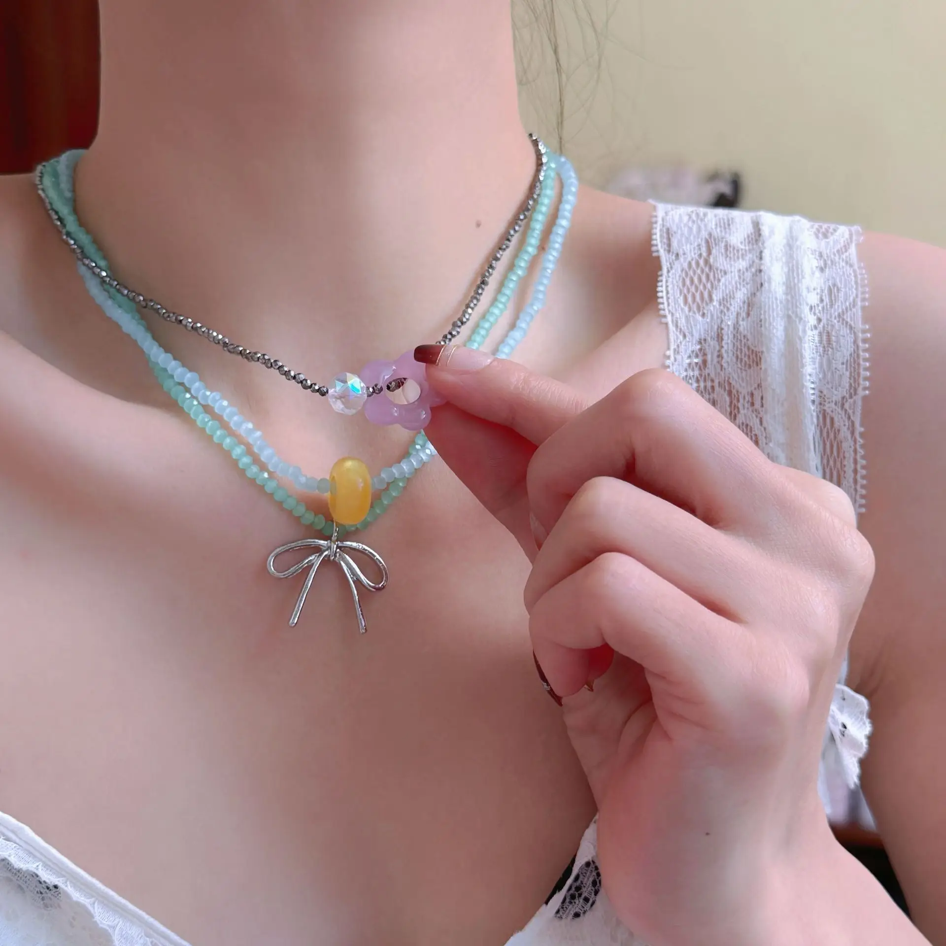 Ins Flower Beaded Choker Pendant Necklaces Beaded Chain Choker Jewelry Party Jewelry Jewelry Gift Resin Material For Women