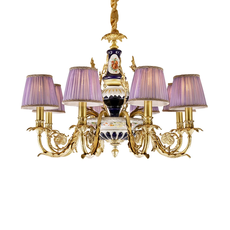 French Luxury All-Bronze Decoration, Exquisite Porcelain Chandelier, Classical Style Cylindrical Fabric Lampshade Chandelier