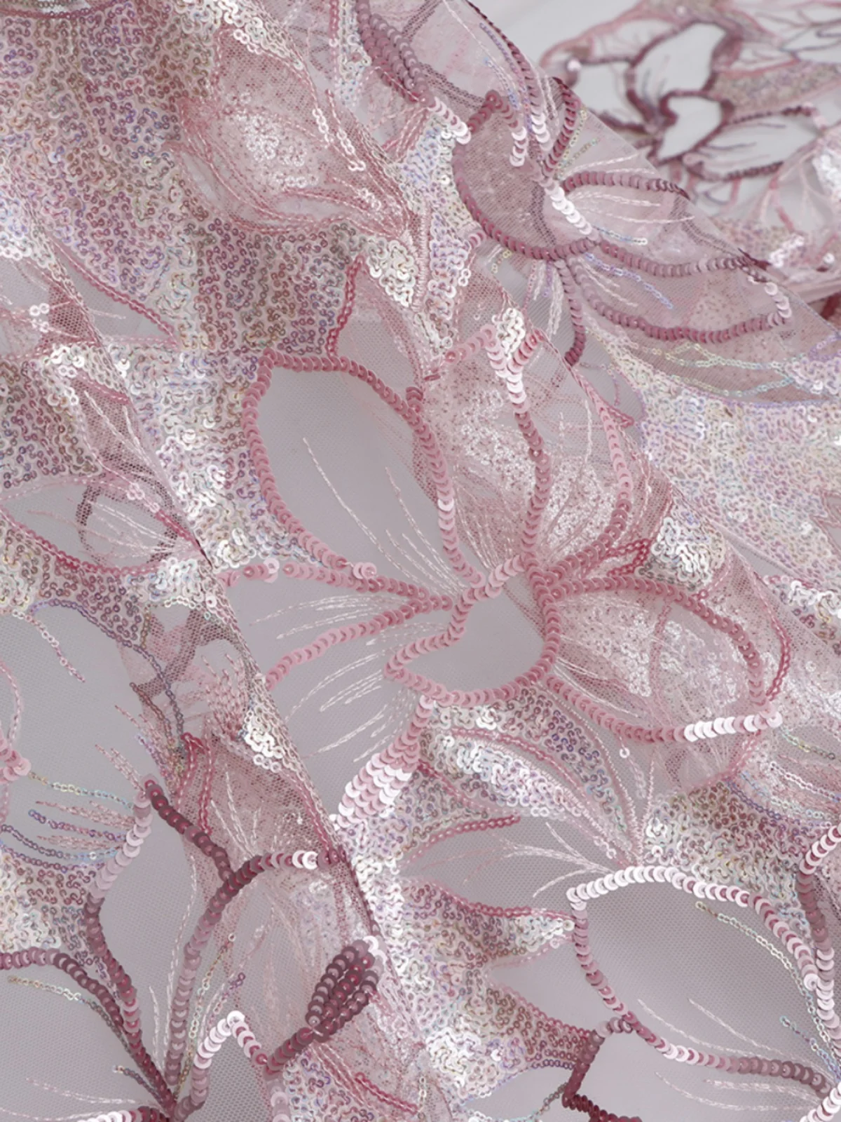 Gorgeous Pink Purple Sequin Floral 3D Embroidery Soft Mesh Lace Fabric for Cheongsam Clothing Wedding Party and Prom Dress