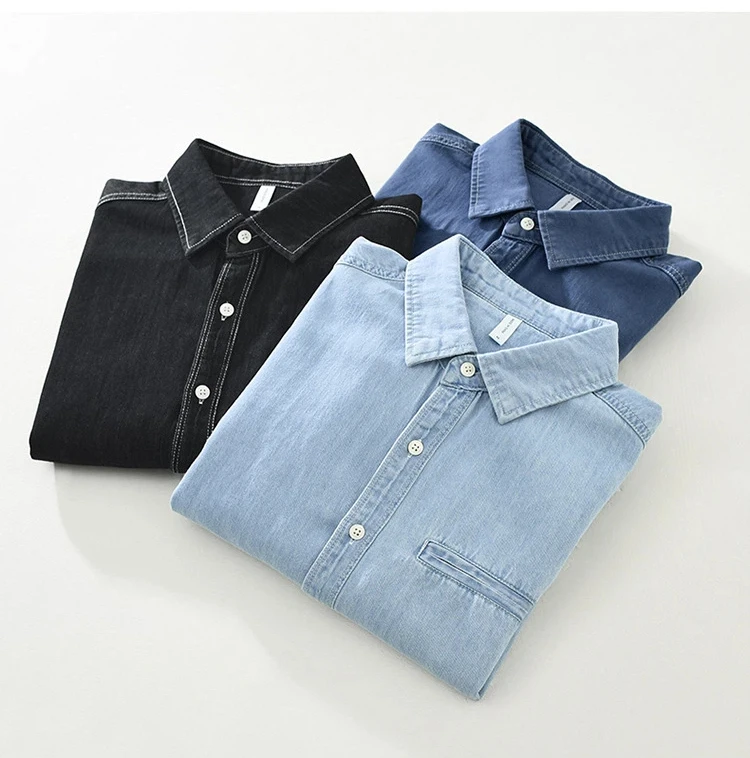 Camisas vaqueras Retro japonesas para hombre, nueva camisa vaquera para primavera y otoño, Top vaquero de algodón puro, camisa con cuello cuadrado, ropa de moda juvenil