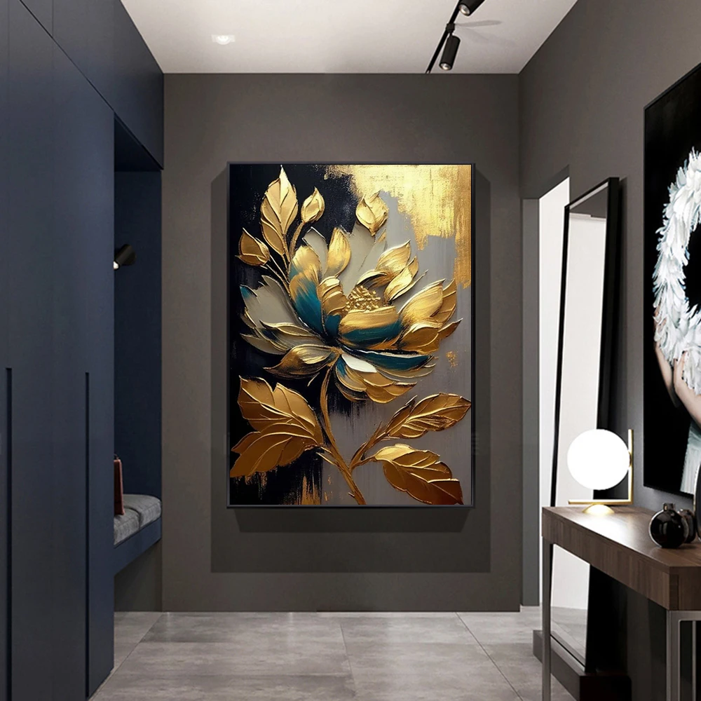 

Luxury Golden Blossoms Chrysanthemum lotus Canvas Painting Wall Art for Living Room Nordic Home Decor Pictures Modern Decor