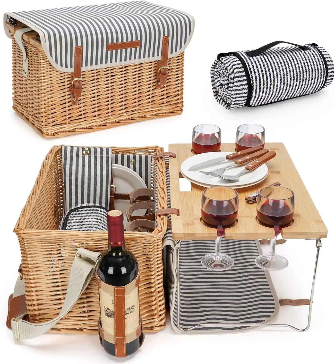 

Picnic Basket for 4, 4 Person Picnic Kit, Willow Hamper Service Gift Set with Blanket Portable Bamboo Wine Snack Table fo