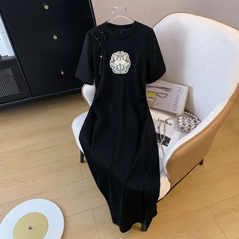 New Chinese Disc Buckle Embroidered Black Dress New Plus Size Waist T-Shirt Dress for Summer