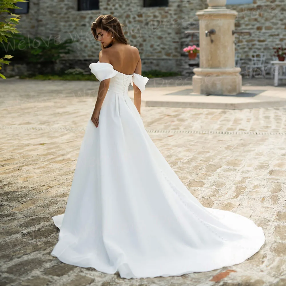 Abiti da sposa semplici da donna con linea A e spalle scoperte Abiti da sposa personalizzati in pizzo senza maniche con spacco laterale Abiti da sposa Boda