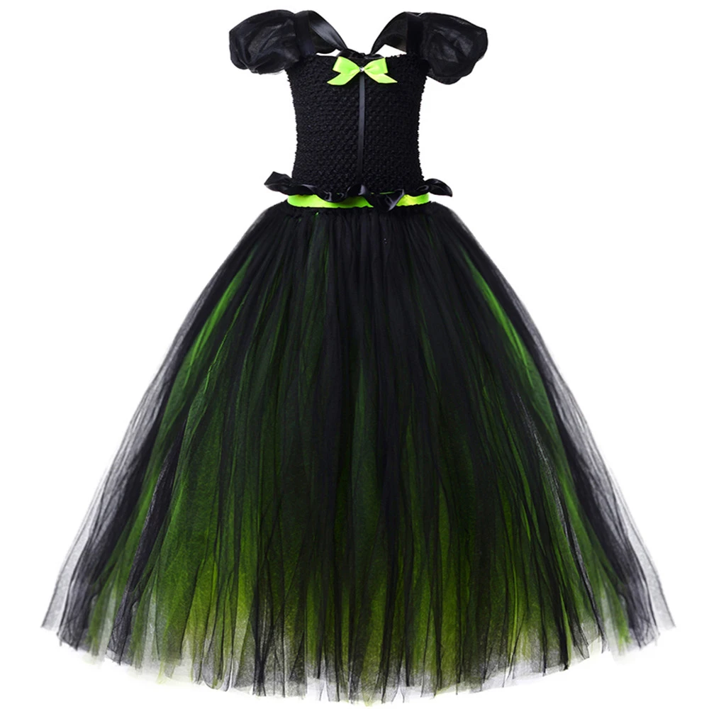 Girls Wicked Witch Elphaba Costume Long Lined Green Black Tulle Tutu Dress with Hat Broom Kids Halloween Carnival Party Dress Up