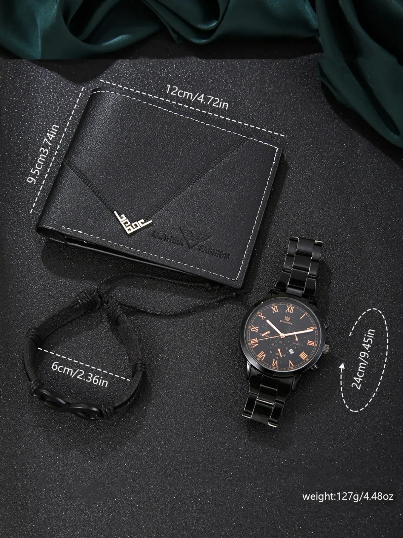 3Pcs Men Watch Wallet Bracelet Gift Set, Roman Dial Quartz Wristwatch Leather Wallet Braided Bracelet