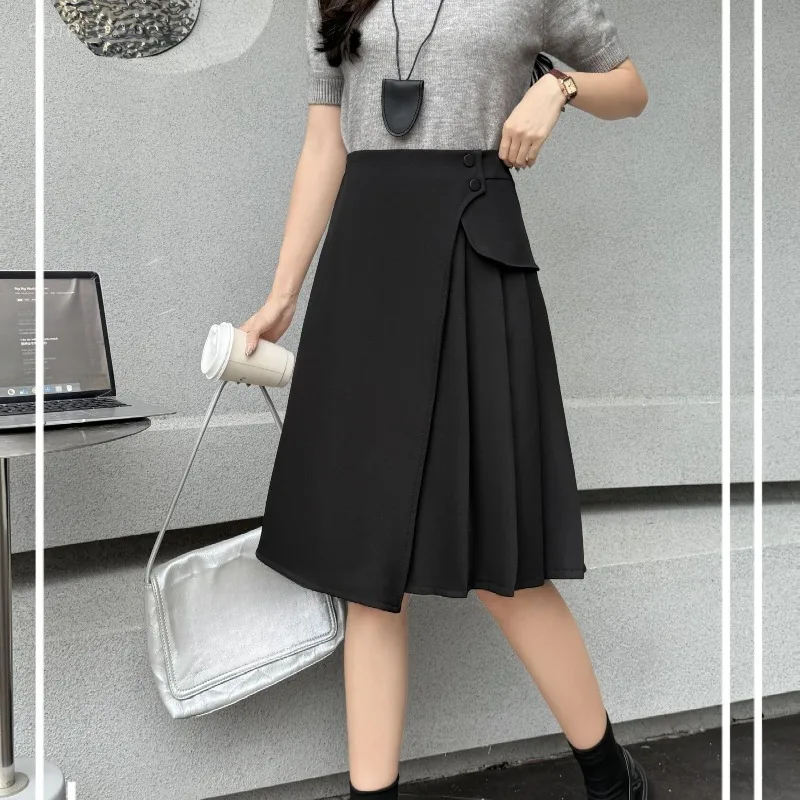 Irregular Pleated Skirts Woman Solid A-line Spring Autumn Long Skirt Korean Fashion Black Vintage Simple Jupe Femme