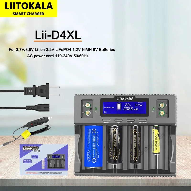 Lii-D4XL liitokala 21700 18650 3.7V Li-ion 3.2V LiFePO4 1.2V nimh/cd 26650 26700 32700 D AA AAA 9V เครื่องชาร์จแบตเตอรี่จอแสดงผล LCD