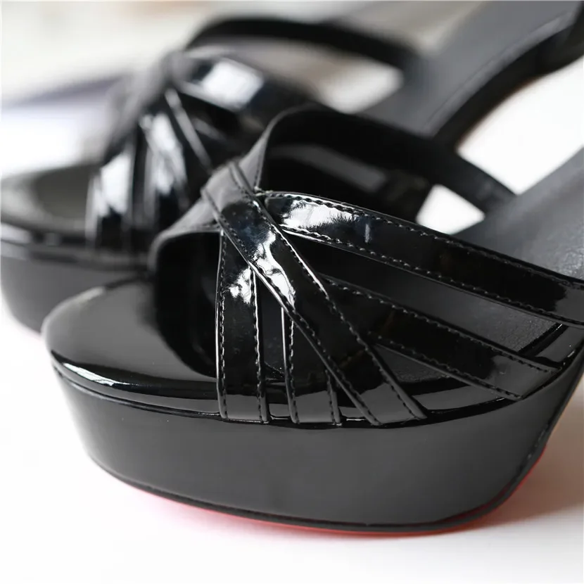 Elegant Silver Women Platform Sandals Black Patent Leather High Chunky Heel Wedding Party Office Ladies Summer Ankle Strap Shoes