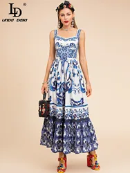 LD LINDA DELLA Fashion Runway Summer Cotton Dress Women's Spaghetti Strap Blue and White Porcelain Printing Vacation Long Dress