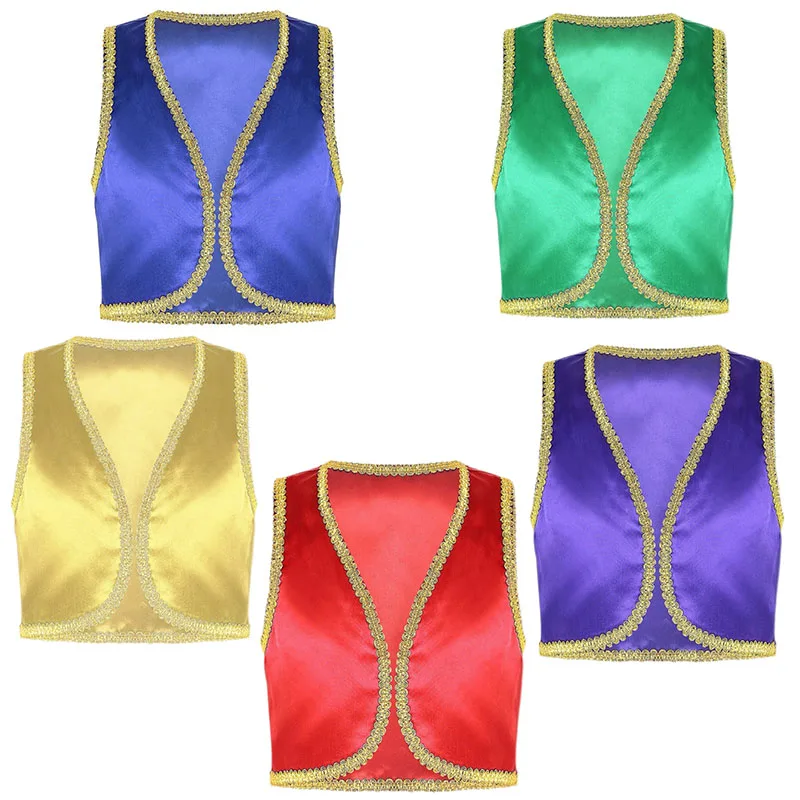 

New Boys Girls Halloween Christmas Vest Arab Prince Cosplay Open Front Metallic Shiny Game Costume For Carnival Party Role Play