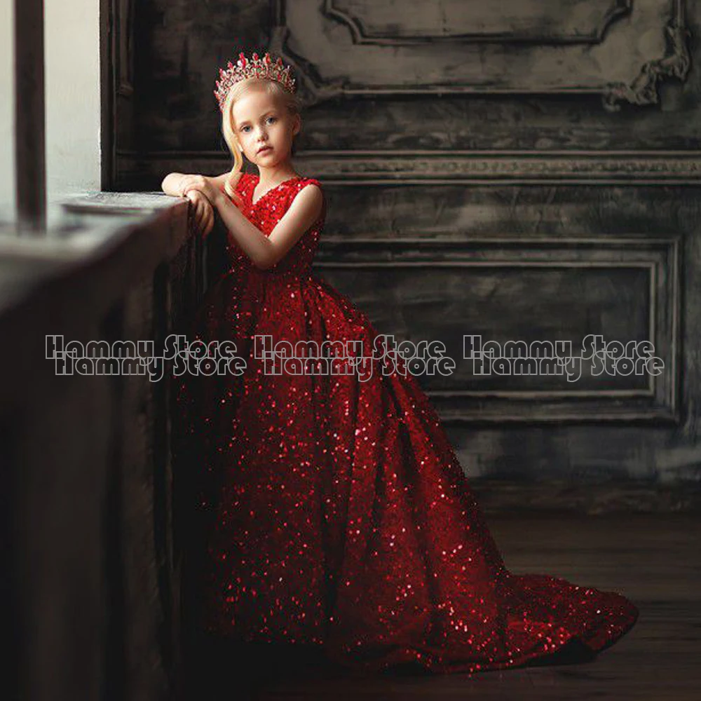 Red Ball Gown Flower Girl Dress Customized O Neck Sleeveless Glitter Sequin Long  Birthday  Kids Graduation Party Dresses