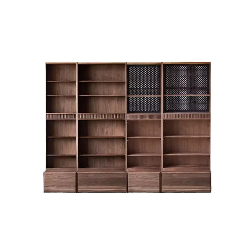

Nordic solid wood combination bookcase, glass floor cabinet, simple Japanese log black walnut living room display cabinet