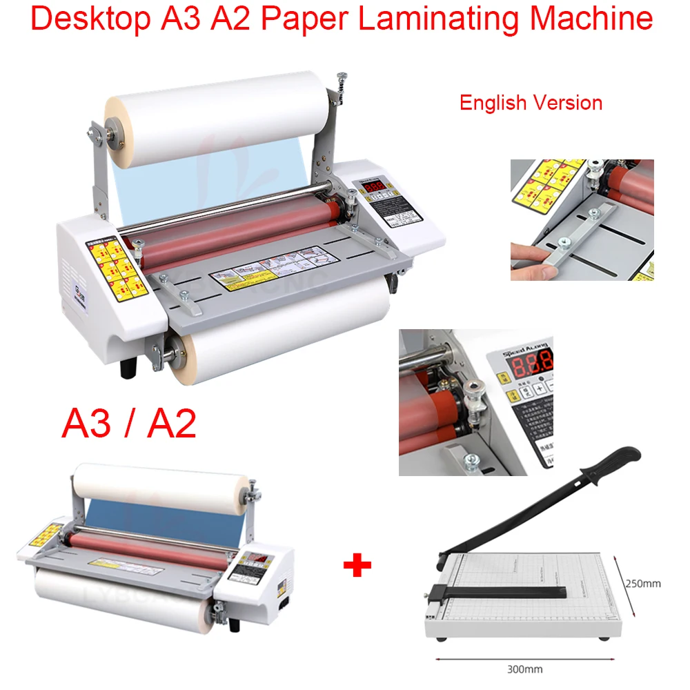 

A3 A2 Paper Laminating Rolling Machine for Film Photo Desktop Cold Hot Laminator 500W 600W English Version with A4 Paper Cutter