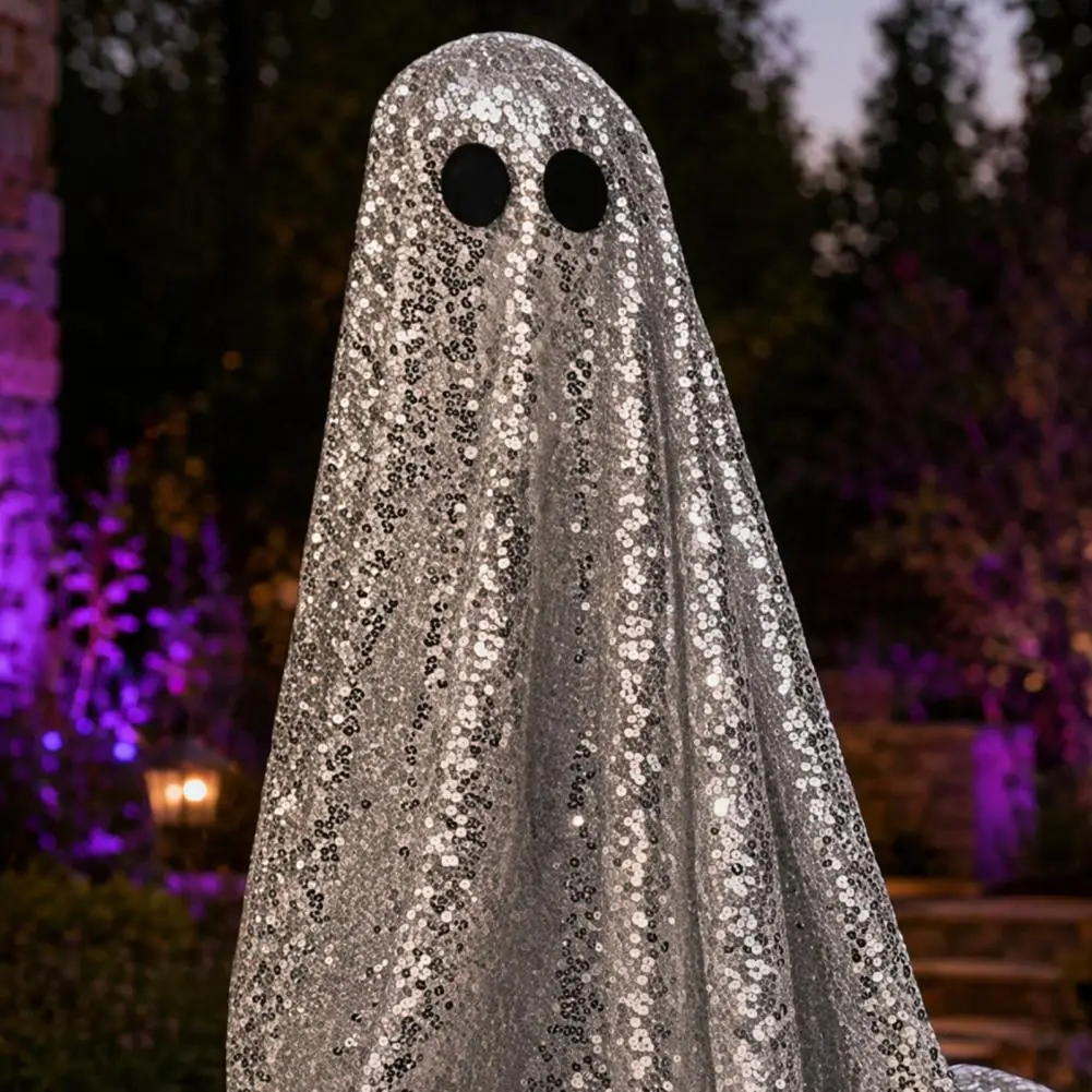 Sequin Ghost Statue Glittery Ghost Figure Halloween Ghost Decoration with Sequin Cloth Light-up Spooky Outdoor Figurine Shiny
