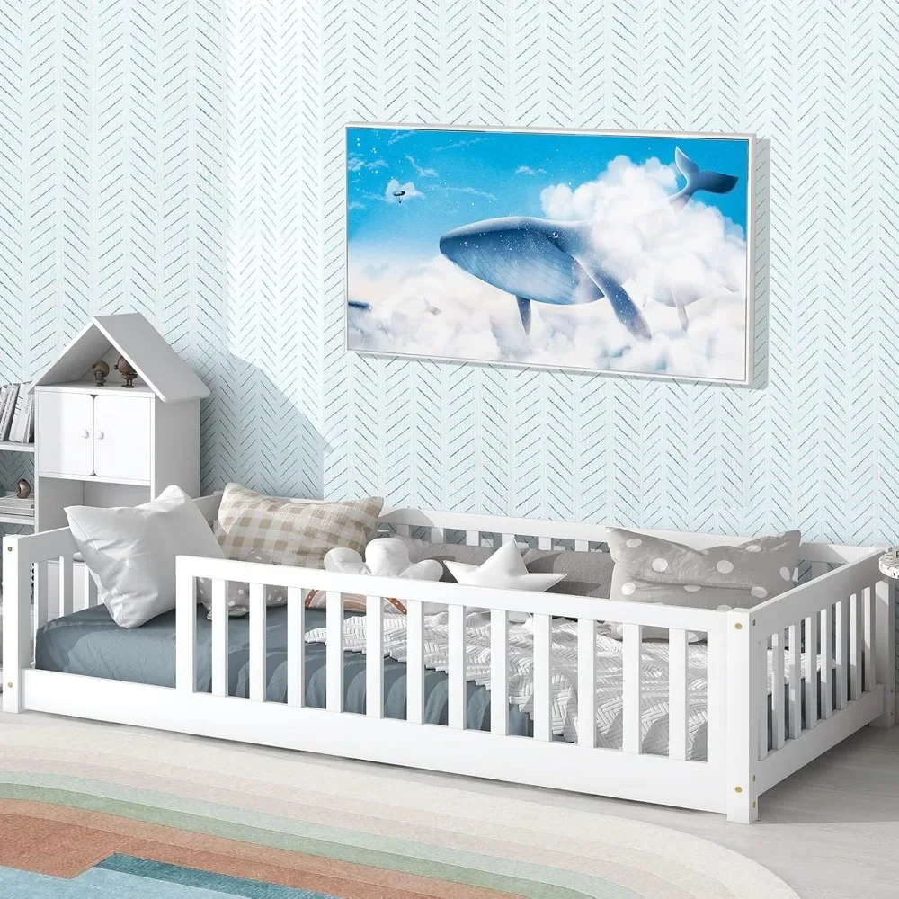 Child, Toddler Floor Bed, 79.5 Inches Long X 41.8 Inches Wide X 17.5 Inches High, with High Safety Twin Beds with Guardrails