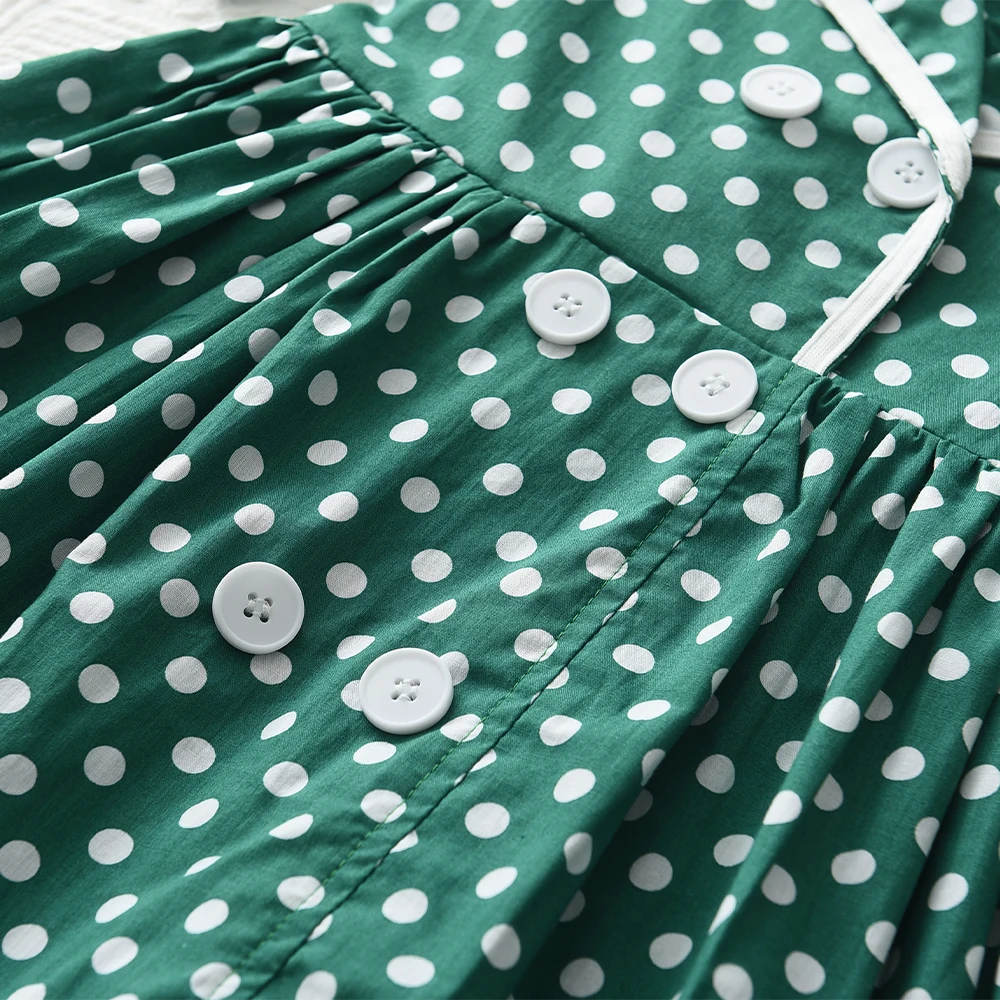 Bear Leader 2023 New Girls Summer Dress Short Sleeve Cotton Dot Green Retro Dress British Style Double Breasted Girls Dress