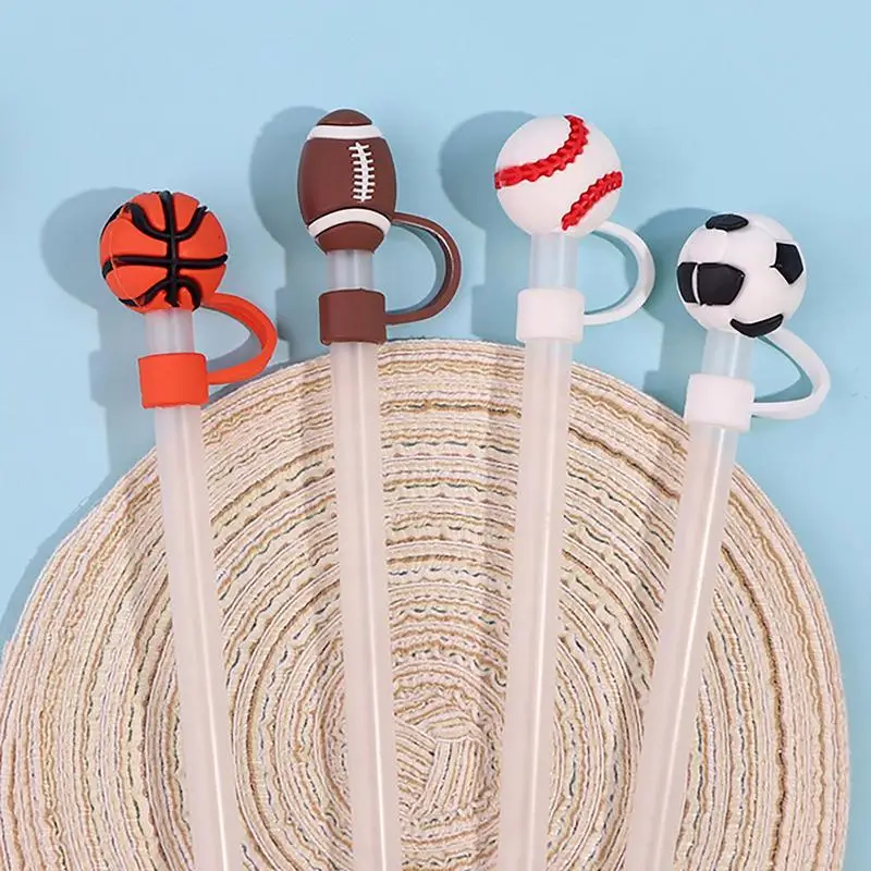 1pc Silicone Straw Covers Caps Cute Basketball Football Shape Straw Toppers Reusable Dust-Proof Straw Caps