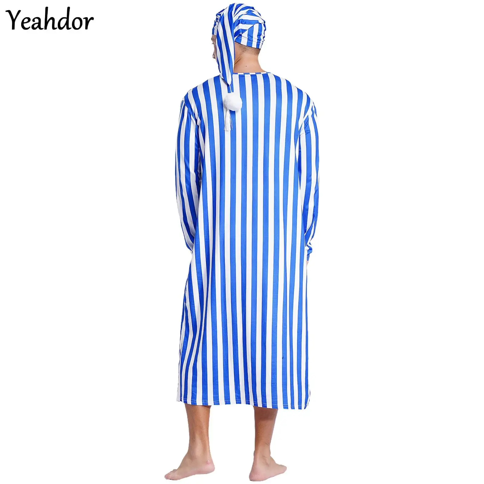 

Men Christmas Striped Sleep Robe Long Sleeve Long Robe Nightshirts And Sleep Hat Pajama Set Soft Loose Sleepwear Robe Nightdress