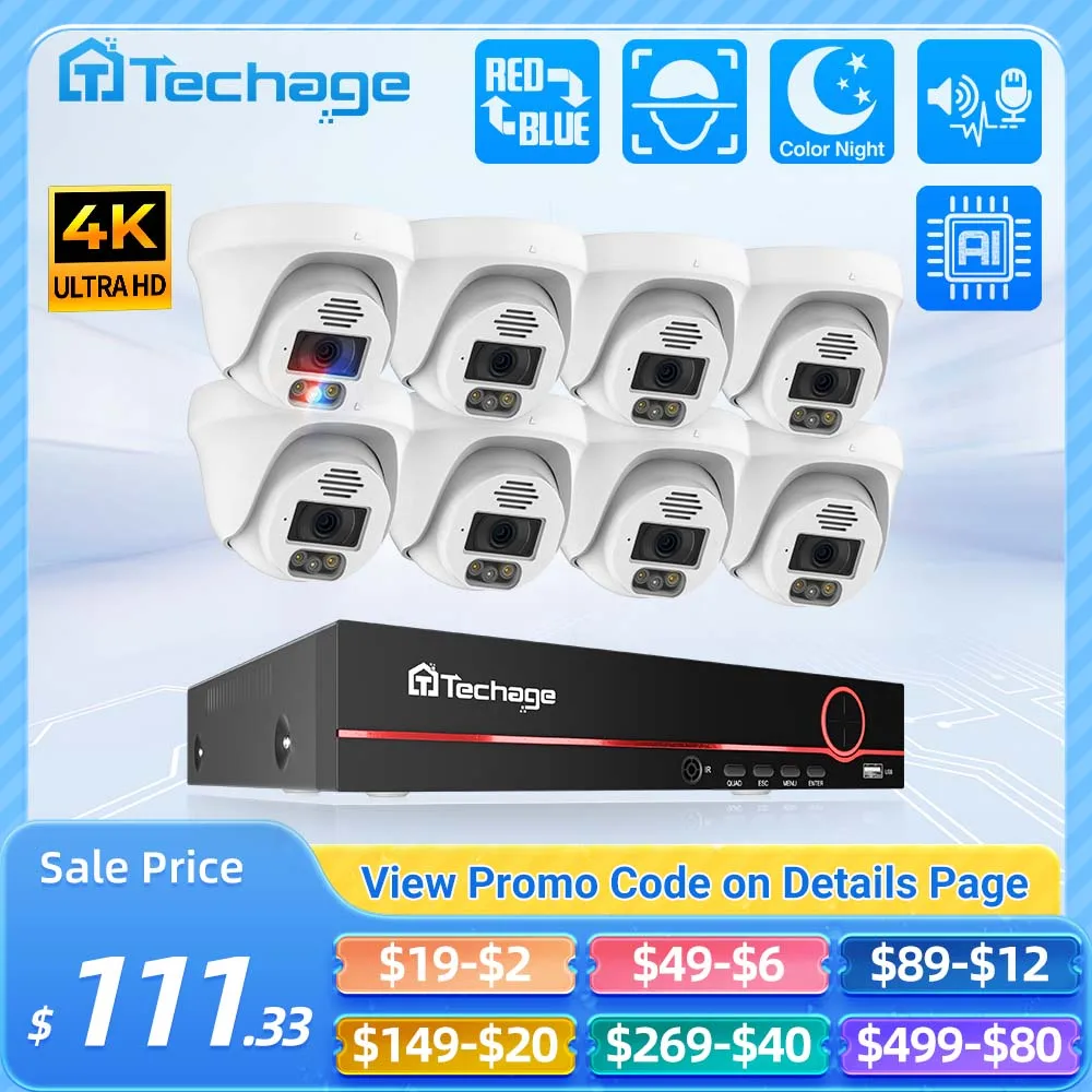 Techage Ultra HD 8MP 4K POE Security Camera System Two Way Audio Face Detect Full Color Night H.265 CCTV Video Surveillance Set