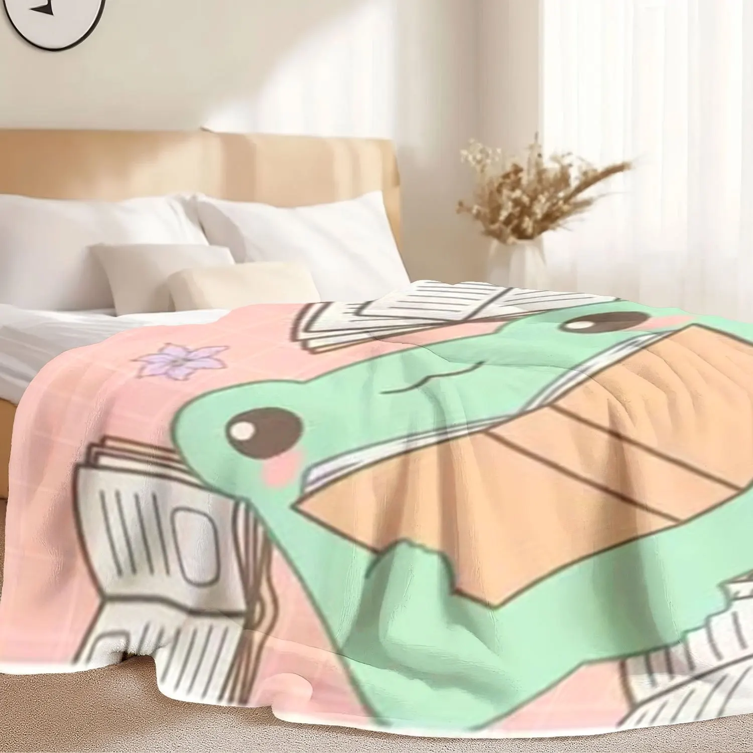 Giant Cute Frog Reading Book Blanket Throw Plush Kawaii Anime Cozy Decor Fleece for Couch or Bed 150x200cm