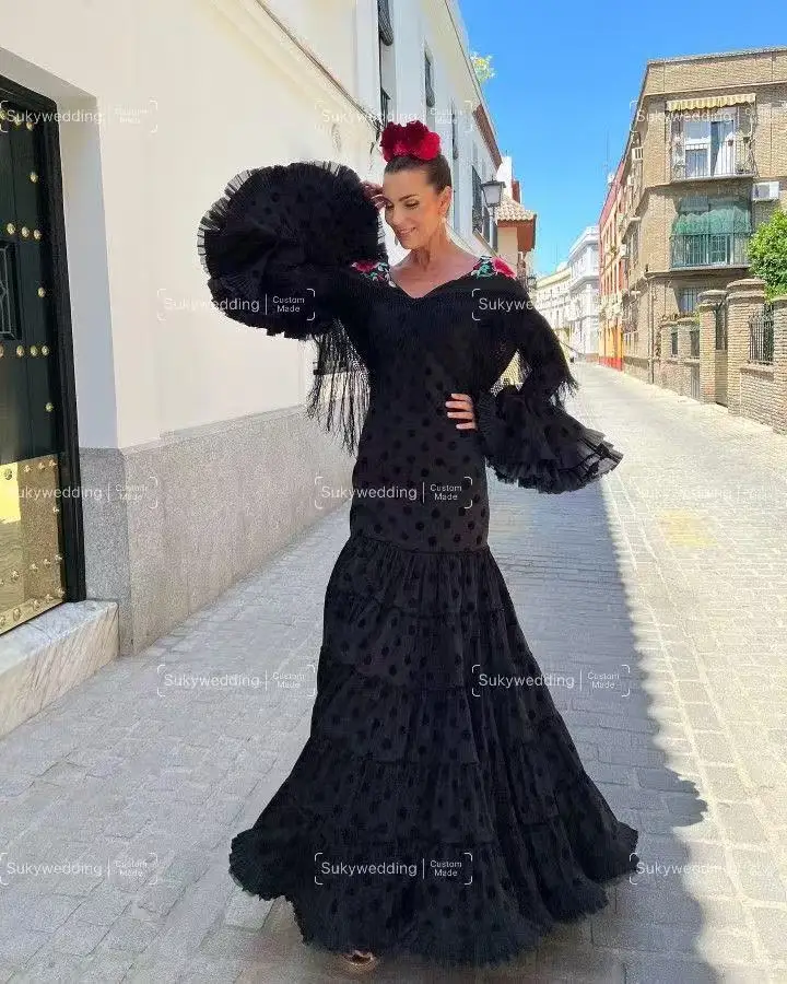 Vestidos de fiesta de sirena de Flamenco negro, lunares, mangas largas, vestido de Flamenco español de palacio Retro para mujer, vestidos de fiesta personalizados