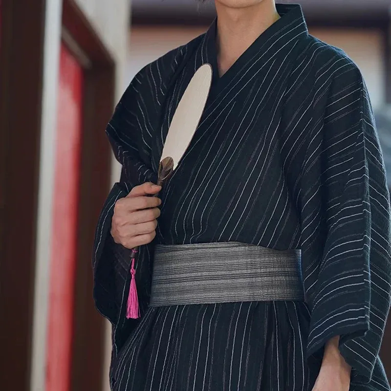 

CyBlack Summer Navy Japanese Traditional Samurai Kimono For Men Yukata Bathing Robe Hekoobi Loose Style Homewear Long Gown Cotto