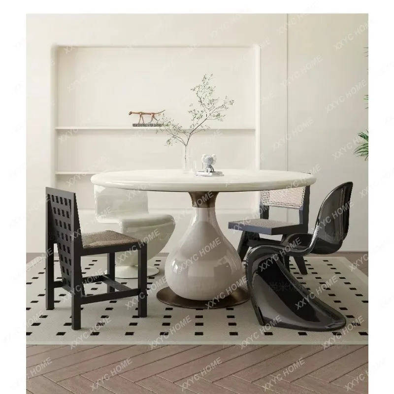 XXNatural jade dining table, light luxury and high-end marble, small apartment round with turntable, home cream-style round t