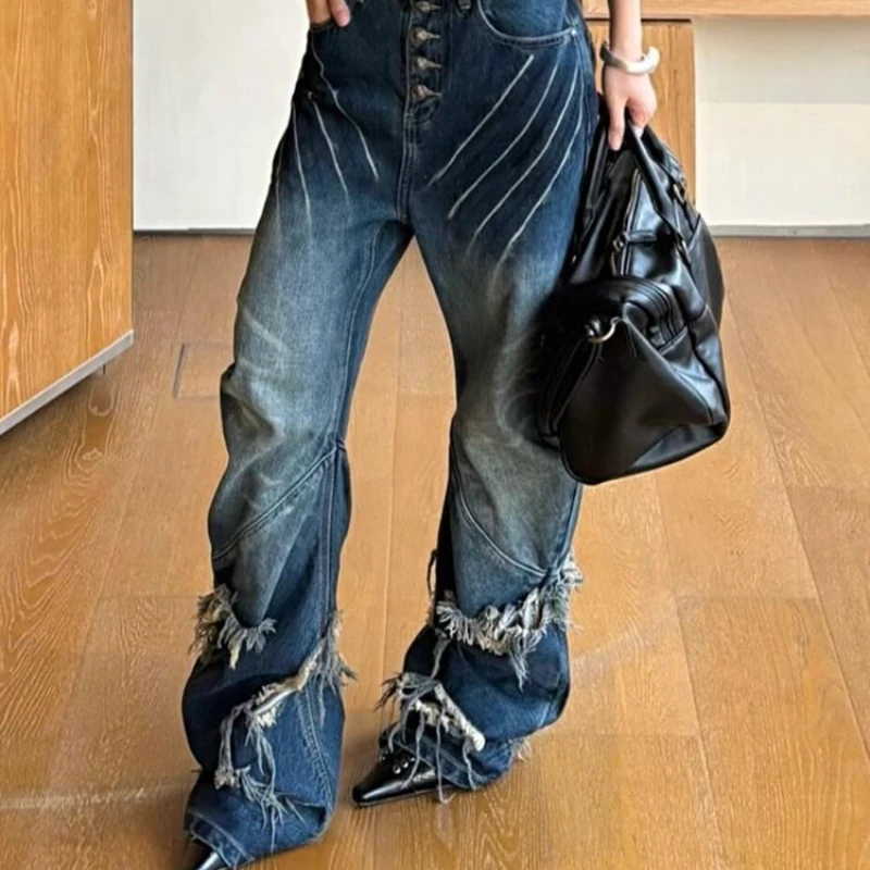 

Y2K American Vintage Destruction Claw Marks Stitched Jeans Female Hottie Ripped Raw Edge Machete Pants