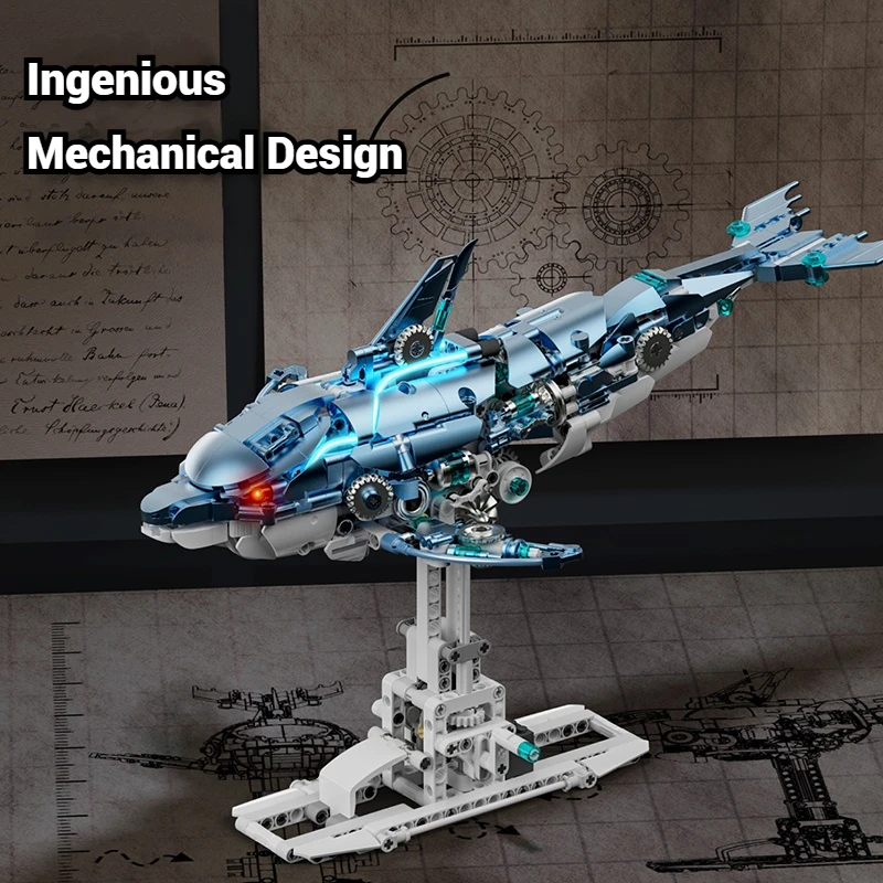 888PCS Electric Mechanical Dolphin Building Blocks Fish Model Assembled Collectible Toy Ornament Children's Birthday Gift